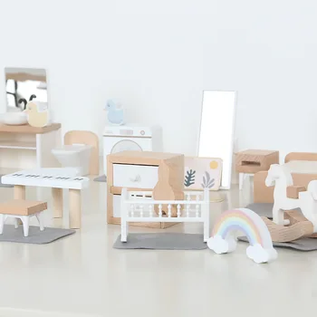 Современная мебель для кукольного домика, миниатюрная кухня из дерева, ванная комната, спальня, кукольный дом, кухонные принадлежности, стол и стулья, аксессуары для детей 11