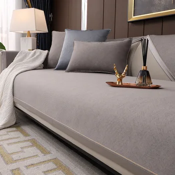 Современный чехол для дивана серого цвета с широким краем, однотонный противоскользящий комбинированный чехол для диванной подушки, Защита от пыли мебели для гостиной 5
