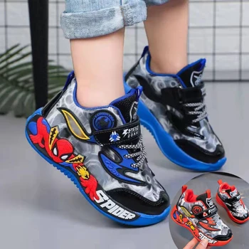 Спортивная обувь Disney для мальчиков и девочек на весну-осень, Человек-паук, светло-синие, красные повседневные кроссовки для бега, размер 26-37 15