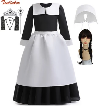 Среда Аддамс, карнавальный костюм для косплея, черные платья горничной на Хэллоуин, детский подарок на день рождения, длинное платье принцессы с принтом