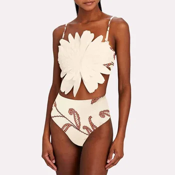 Танкини, белое модное Монокини с объемным цветочным принтом, Сексуальное бикини, купальные костюмы, Летние пляжные купальники для девочек 3