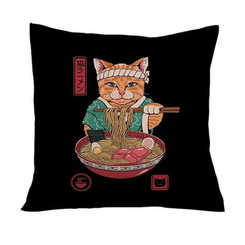 Тканевая подушка из хлопка и льна Ukiyo-e Cat Ramen в японском стиле