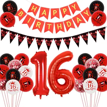украшения для вечеринки в честь 16-летия, Черно-красная Овсянка на День Рождения, Баннер с конфетти, воздушные шары для мальчиков и девочек на 16 лет, принадлежности для Дня рождения