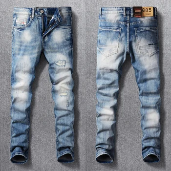 Уличная одежда, модные мужские джинсы в стиле ретро, синие эластичные потертые тонкие рваные джинсы, мужские дизайнерские винтажные повседневные джинсовые брюки с вышивкой 4