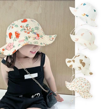 Хлопковая детская шляпа-ведро, Муслиновые Детские Солнцезащитные кепки для улицы, Панама с принтом для мальчиков и девочек, Пляжная Шляпа для Рыбалки 3-12 месяцев