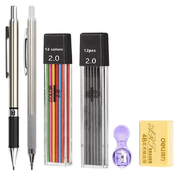 Цельнометаллические Механические карандаши 2,0 мм, набор грифелей для художественного рисования, Цветные Автоматические карандаши 2B, Канцелярские школьные ручки, принадлежности 15