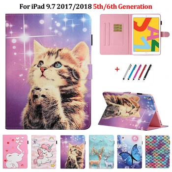 Чехол для iPad 6-го поколения Kawaii Unicorn Cat Butterfly, кожаный чехол Funda Для iPad 9.7 2017 2018, чехол-бумажник в виде ракушки 9