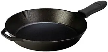 Чугунная сковорода с подогревом - 12-дюймовая сковорода с силиконовым держателем для горячей ручки (черная) 8