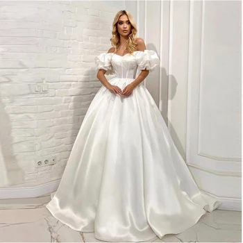 Шелковое Атласное Свадебное платье Трапециевидной формы с открытыми плечами, Пышные рукава, Свадебные платья Принцессы с костями 2022 7