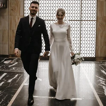 Шикарное дешевое свадебное платье в стиле бохо 2022 с жемчугом и пышными рукавами, сексуальное пляжное свадебное платье с открытой спиной и круглым вырезом, Длинное атласное гражданское платье невесты