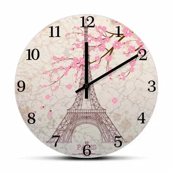 Эйфелева Башня Современный Дизайн Настенные часы Для Девочек Гостиная Французский Городской Пейзаж Европа Домашний Декор Розовые Цветы Сакура Настенные часы 16