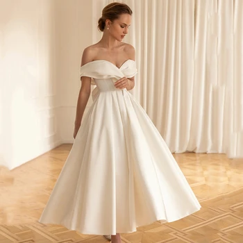 Элегантное Гражданское свадебное платье с открытыми плечами Чайной длины, Короткие свадебные платья, Атласное платье невесты с большим бантом для женщин, Вечернее платье 6