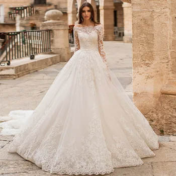 Элегантное Свадебное платье с Длинным рукавом Трапециевидной формы в стиле Бохо С Аппликацией Принцессы и Цветочным Принтом, Платье Невесты Vestido De Novia Casamento Mariage 6