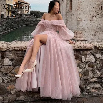Элегантные Выпускные платья с открытыми плечами и длинными рукавами, светло-розовые вечерние платья для женщин, вечернее платье с разрезом по бокам