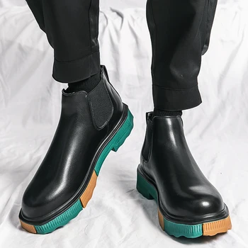 Элегантные простые мужские кожаные ботинки на платформе с длинным квадратным носком, британские ботинки Челси для мужчин, Официальная деловая роскошная обувь, Весна 12