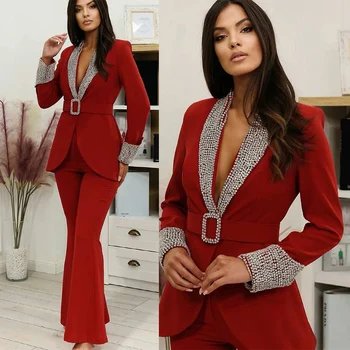 Элегантный вечерний костюм с красными кристаллами, 2 предмета, свадебное платье для матери невесты, деловой комплект для пригородных поездок (куртка + брюки) 2