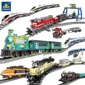 Электрическая модель городского поезда KAZI на батарейках с набором светомузыкальных дорожек Машиностроение Сборка Кирпичей Детская игрушка в подарок 3